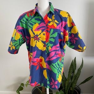 Vintage 80s/90s Bright Colored Leaves & Flowers Print Shirt